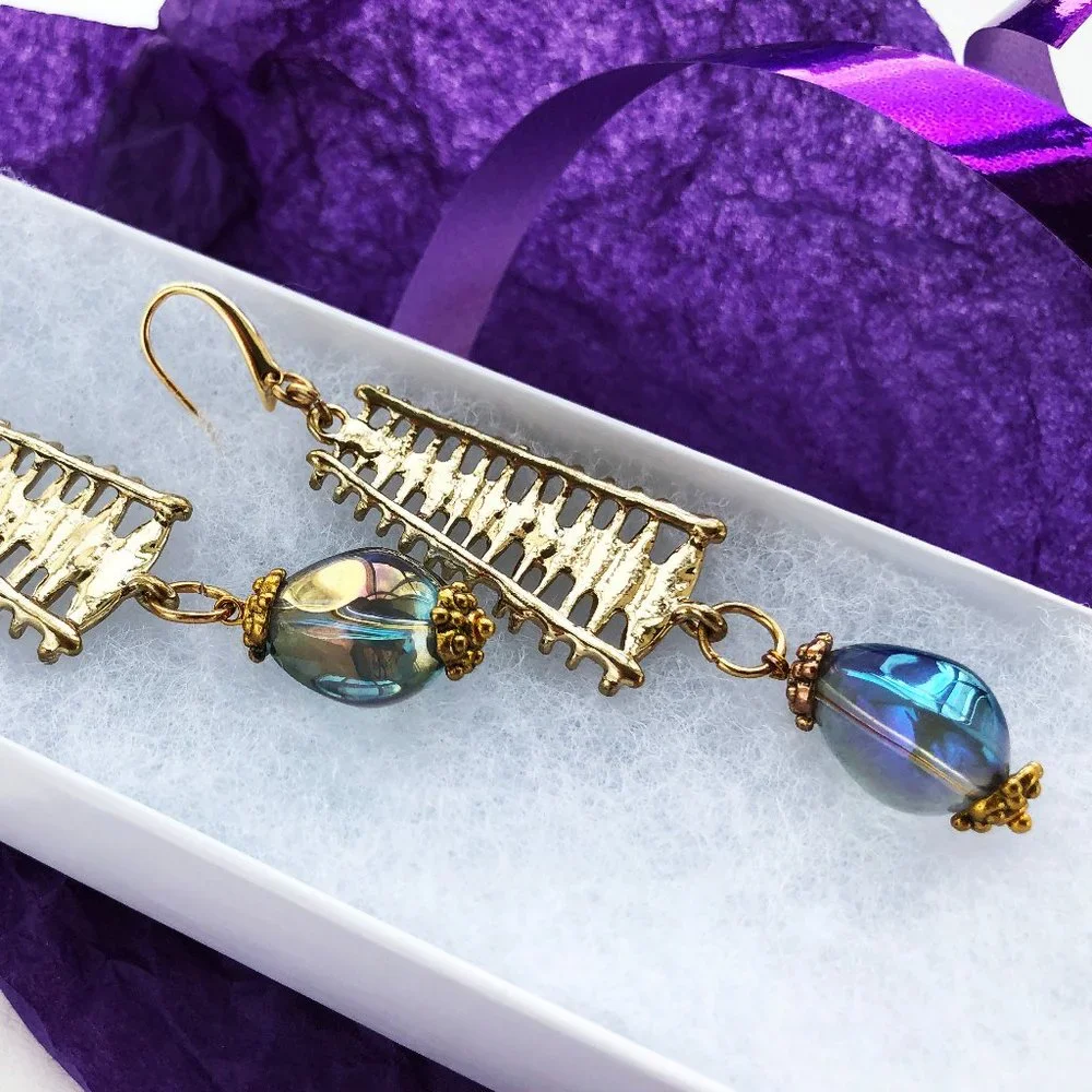Long party earrings for women, glass bead drop dangle earrings gold handmade